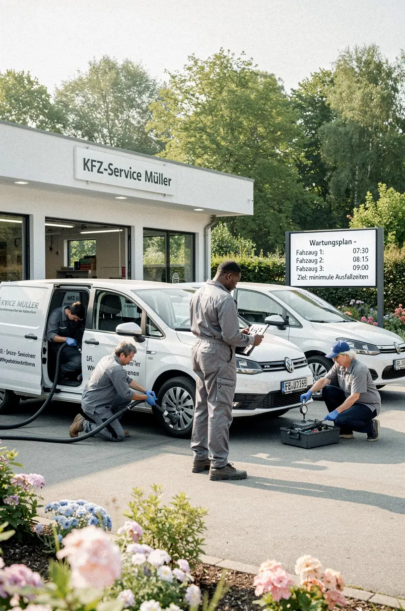 Fahrzeugflotte eines kleinen Unternehmens parkt vor einer Werkstatt, bereit für geplante Inspektionen und Reparaturen.