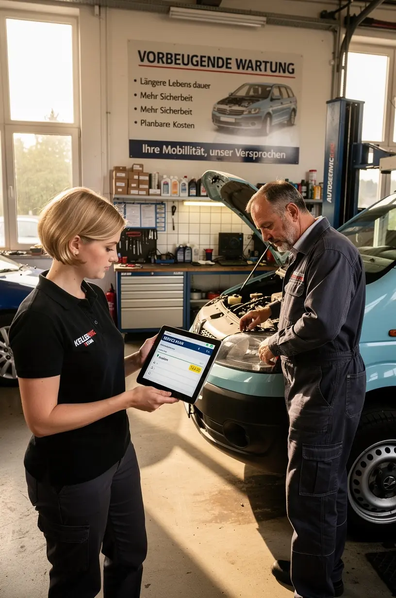 Professioneller Mechaniker überprüft einen Firmenwagen im Rahmen eines geplanten Serviceintervalls.